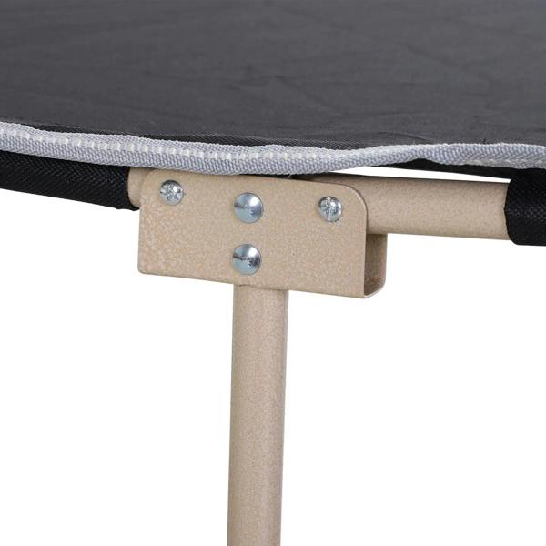 Screwed metal bracket on beige folding cot frame for added stability