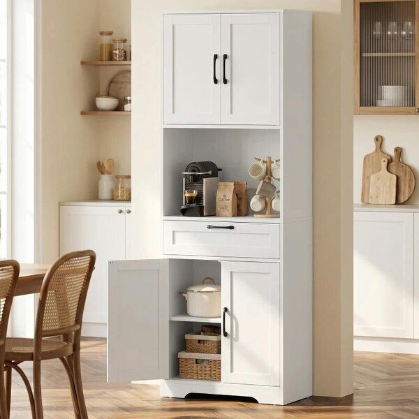 170 cm Tall Kitchen Pantry with Adjustable Shelves, Freestanding Storage Cabinet with Open Shelf, White Wood Effect