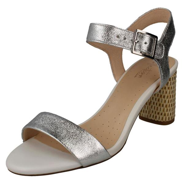 Clarks Ladies Clarks Block Heeled Peep Toe Sandals Amali Weave