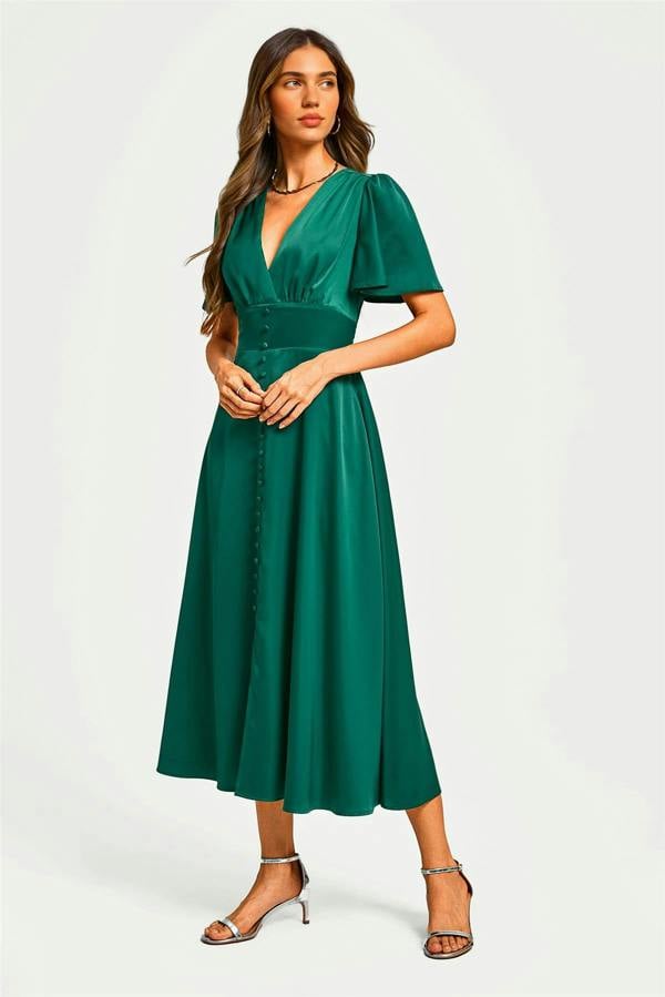 FS Collection Satin V neckline Button Detail Dress In Green