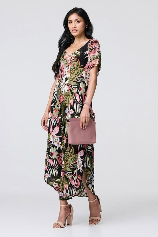 Black | Tropical Print 1/2 Sleeve Maxi Dress