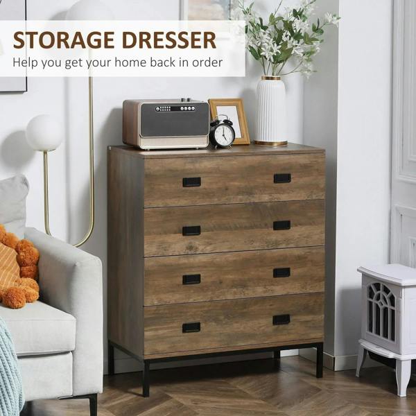 Brown four-drawer storage dresser with black handles and metal legs in a room