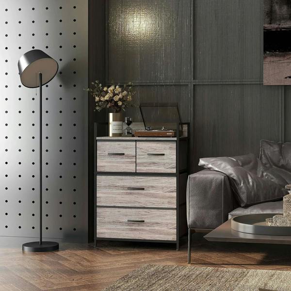 Grey wood-look four-drawer chest with open shelves and fabric drawer fronts