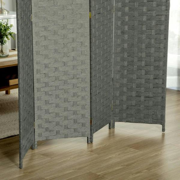 Close-up of grey 4-panel room divider woven fabric with vertical hinges