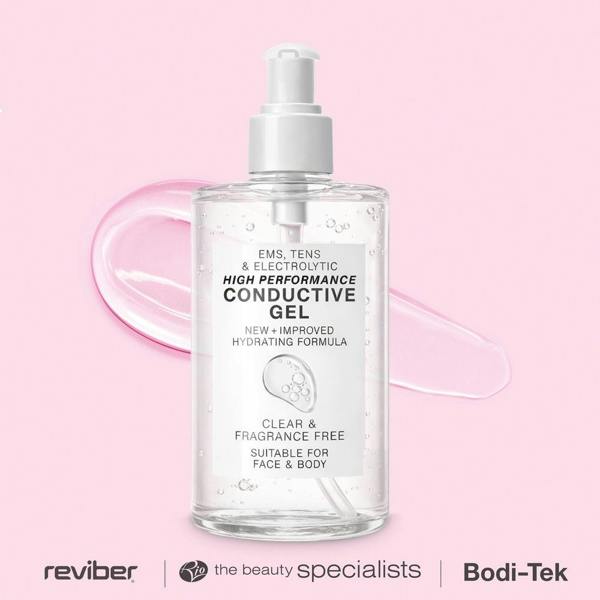 A clear pump bottle of Rio EMS, TENS, Electrolytic and Micro-Current Toning Conductive Gel (2x250ml) sits before a pink backdrop with gel smeared behind it. The hydrating, fragrance-free formula suits face and body use. Reviber, Beauty Specialists, and Bodi-Tek logos below.