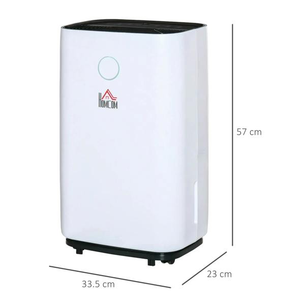 White portable dehumidifier with base feet and size measurements