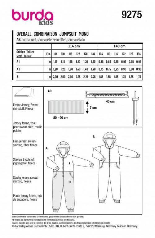 Burda Sewing Pattern 9275 Onesies For Kids, 4-9 (104-134) - Easy