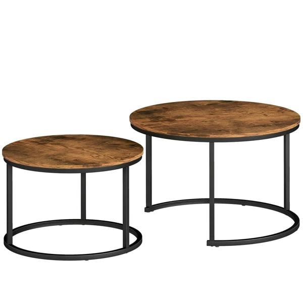 Round nesting coffee table set of 2 with rustic brown wood tops and black metal frames