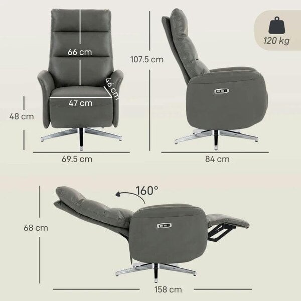 Power Recliner Chair, Swivel Electric Reclining Chair with Type C+USB, Recliner Armchair with Footrest, Dark Grey