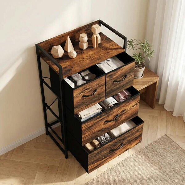Rustic Chest of Four Fabric Drawers - Rustic Brown