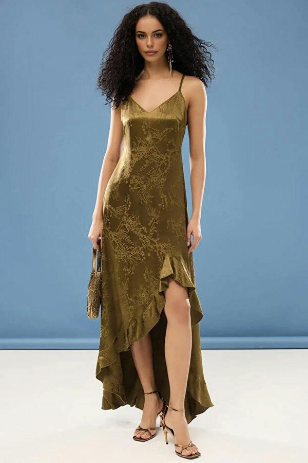 WOVCOR A-Line V-Neck Satin Woven Long Elegant Evening Dress