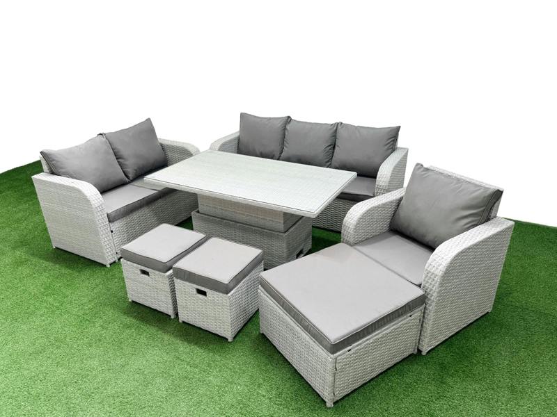 Fimous 9 Seater Rattan Patio Set, Adj Height Table, Reclining Chair, Loveseat, 3 Seater Sofa and Stool, Light Grey