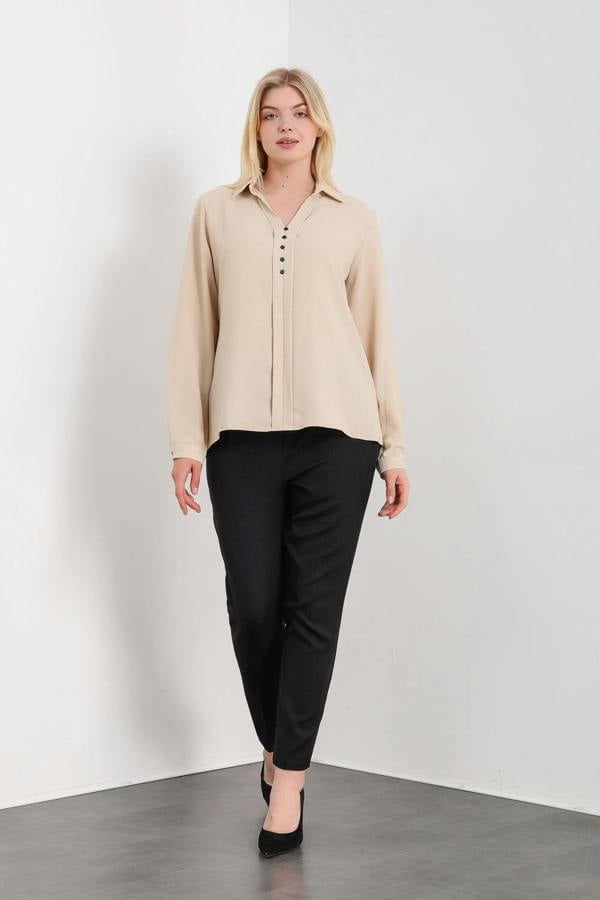 Hoxton Gal Oversized Long Sleeves Blouse Shirt with Button Details in Beige