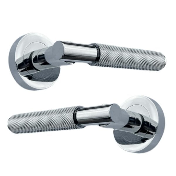 EDH Door Hardware Polished Chrome Knurled Door Handles on Round Rose – Handle Sets