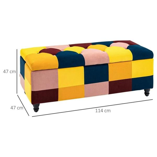 Multicolour patchwork storage ottoman bench with upholstered lid and black feet