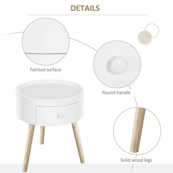 White round bedside table details: painted surface, round handle, solid wood legs