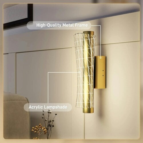 Bobobiy Led Wall Lamp 2 Pack, 9W Modern Indoor Geometric Mesh Wall Light, Colour Temperature Adjustable 3000K/4000K/6500K, Stairs, Gold Tone