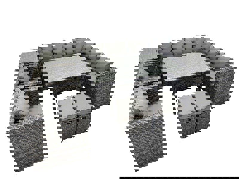 Fimous Rattan Garden Furniture Set 10 Seater Corner Sofa Set with Dining Table 2 Chairs 2 Small Stools Side Table Dark Grey Mixed