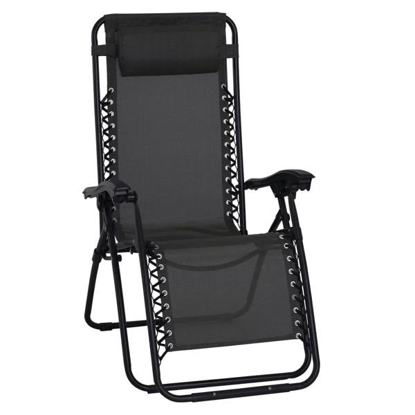 Black folding zero gravity chair with head pillow, recline lounge, metal frame armrests