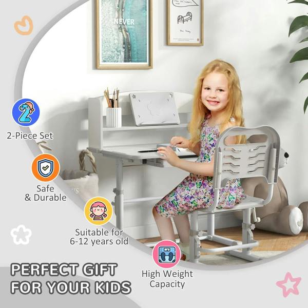 Grey kids study table with drawer shelf and matching height-adjustable chair