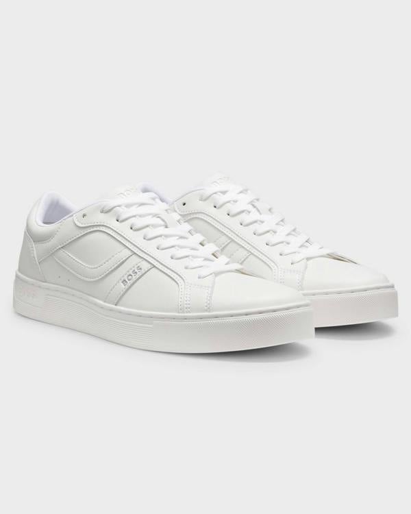 Pair of BOSS Orange Rhys Mens Logo-Trimmed Trainers in Faux Nappa Leather in White 100 - Right