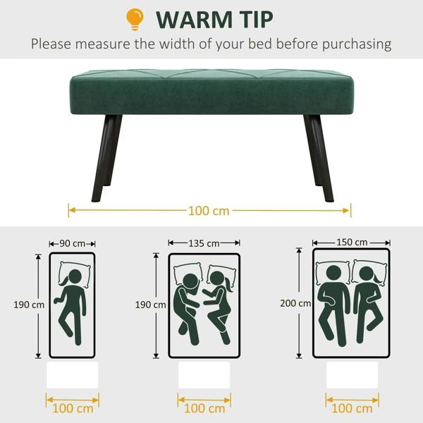 Green upholstered bench with dark steel legs and long rectangular seat