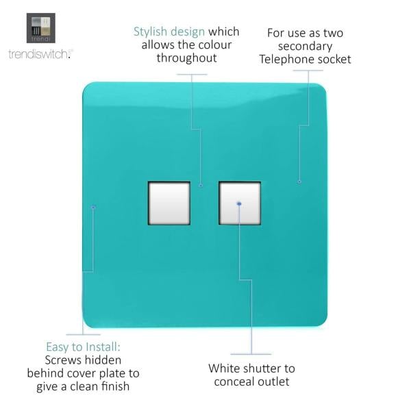 Trendi Switch 2 Gang Cat 3 Telephone Slave Socket in Bright Teal