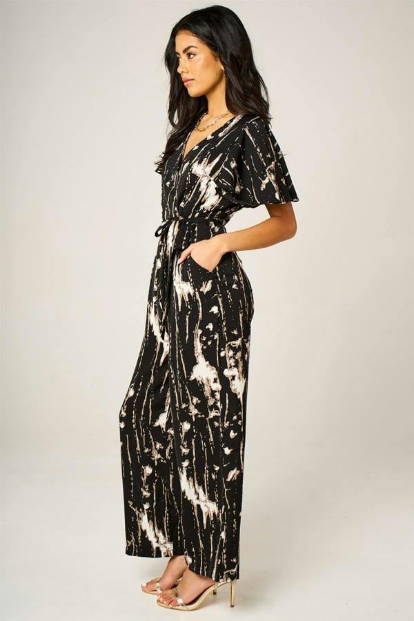 FS Collection Bleach Effect Print Wrap Top Jumpsuit In Black