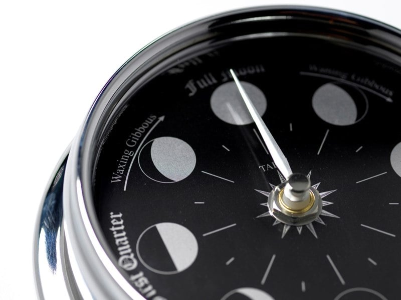 Handmade Prestige Moon Phase Clock in Chrome with Jet Black Dial created with a mirrored backdrop - TABIC CLOCKS