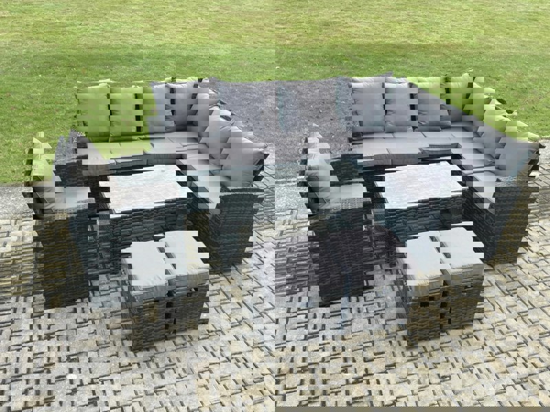 Fimous 9 Seat Rattan Garden Furniture Corner Sofa Set Outdoor Patio Sofa Table Set with 2 Small Footstools Armchair Dark Grey Mixed