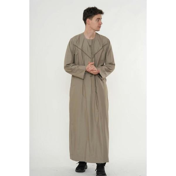 HM10 - Men's Emirati Omani Zipped Embroidery Thobe - Beige - Thobez - 12