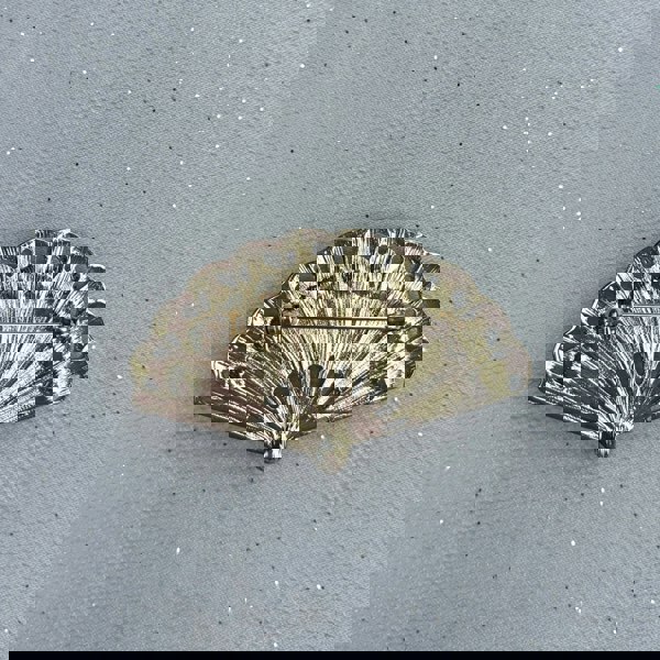 Gold fan brooch, textured metal finish, scalloped edge design, secure pin fastening, vintage inspired jewellery, elegant statement accessory, classic gift for her
