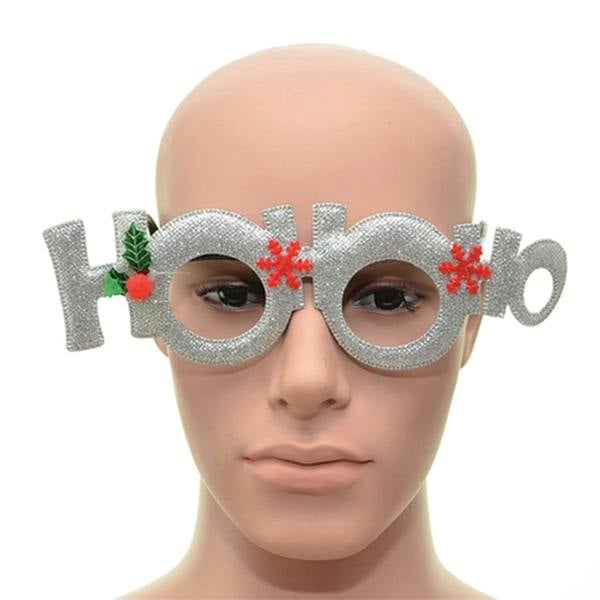 Silver Glitter Ho Ho Ho Christmas Glasses with Snowflake and Holly Leaf Detail image 1