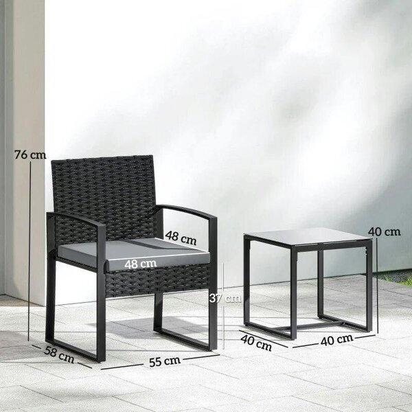 Rattan Bistro Set, 3 Piece Garden Furniture Set with Glass Top Table and Cushions, Light Grey