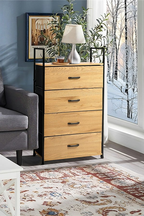 Living and Home Freestanding 4-Drawer Wood and Fabric Storage Cabinet