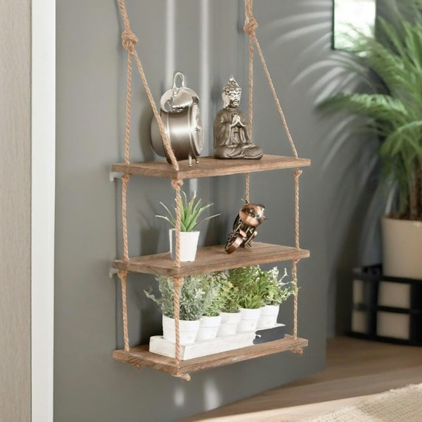 Rafaelo Mobilia 3 Tier Wooden Hanging Shelves With Rope Detail