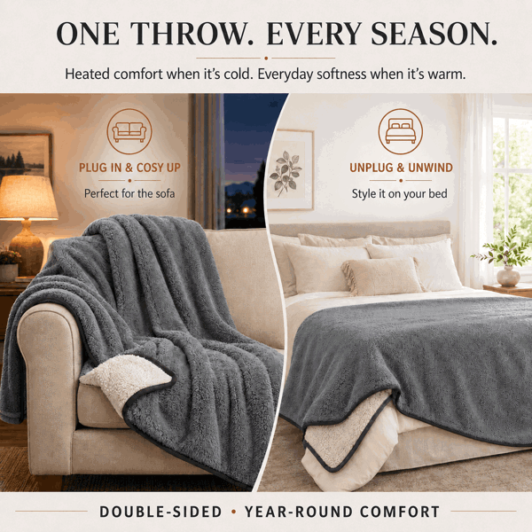Sweet Dreams Heated Throw Electric Fleece, 9 Heat and 9 Timer Auto Shut Off - Digital Control - Machine Washable