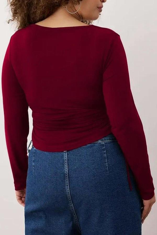 WOVCOR Square Neck Plus Size Knitted Blouse with Gathered Sides