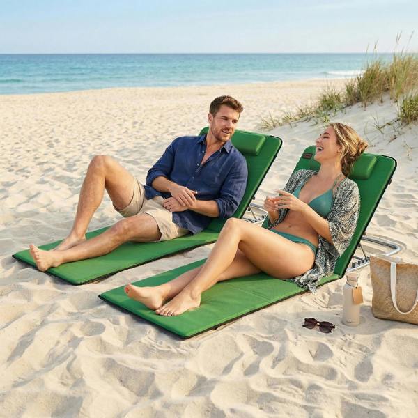 Outsunny 2 Pieces Outdoor Beach Mat Steel Reclining Chair Set w/ Pillow Black