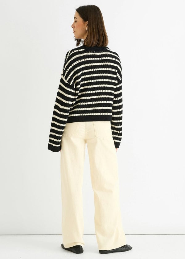Gini London Black Stripe Cable Knit Crop Cardigan