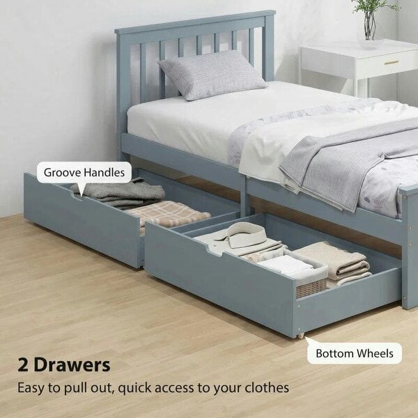 Pine Storage Bed, 3ft Single Solid Wooden Bed Frame with Drawers, Headboard, Wood Slat Support, Grey