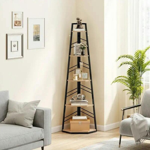 Corner Bookcase, 5-Tier Floor Standing Bookshelf, Shelving Unit for Living Room, Study, Bedroom, Natural Wood Finish - Natural wood finish