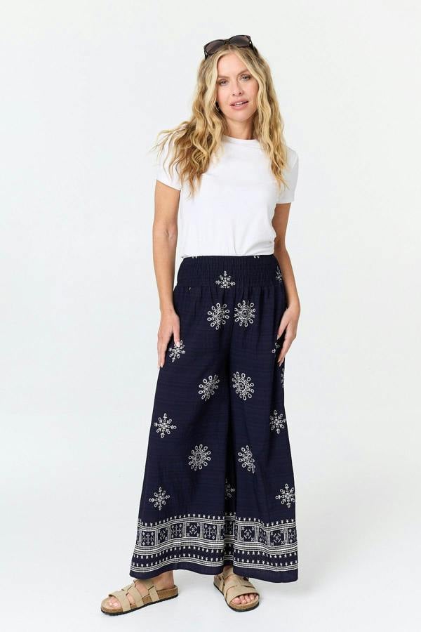 Navy | Border Print Shirred Waist Wide Trousers