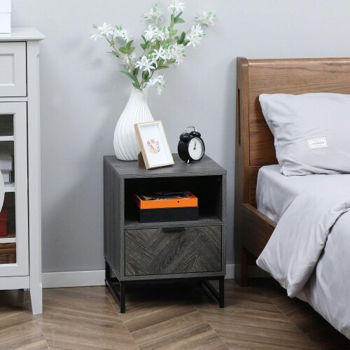 Wyld Haus Fari Dark Grey Bedside Table With Drawer And Shelf Storage And Steel Legs