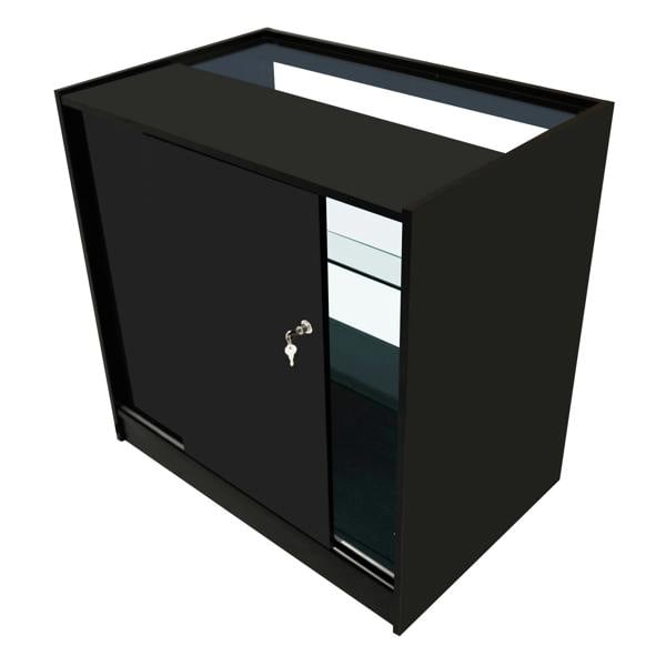 Sleek black Hera LED shop counter set featuring a glass top, sliding doors, and interior shelves for organized display storage