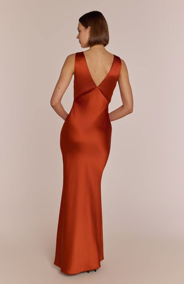 Rewritten London Amelia Dress in Burnt Orange Satin