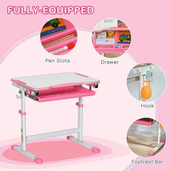 Pink kids desk set with pen slots, drawer, side hook, and footrest bar