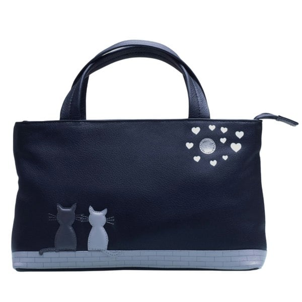 Mala Leather Midnight Black & Grey Cats Appliqué Bag – Adjustable Shoulder & Crossbody Strap