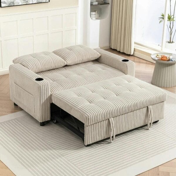 Corduroy Click Clack Sleeper Sofa with Pull Out Design, 2 Seater Sofa Bed, Cream White