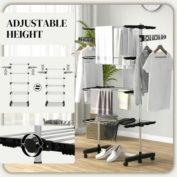Adjustable-height black clothes drying rack with wave clips and side arms